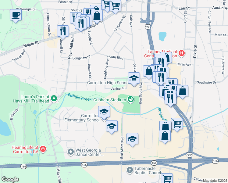 map of restaurants, bars, coffee shops, grocery stores, and more near 105 Janice Place in Carrollton