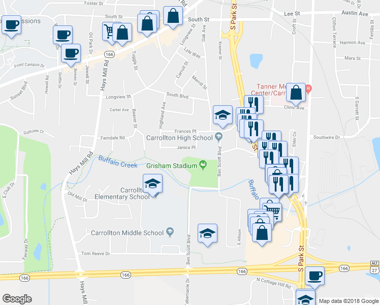 map of restaurants, bars, coffee shops, grocery stores, and more near 131 Janice Place in Carrollton