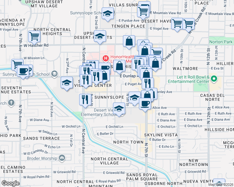 map of restaurants, bars, coffee shops, grocery stores, and more near 301 East Townley Avenue in Phoenix