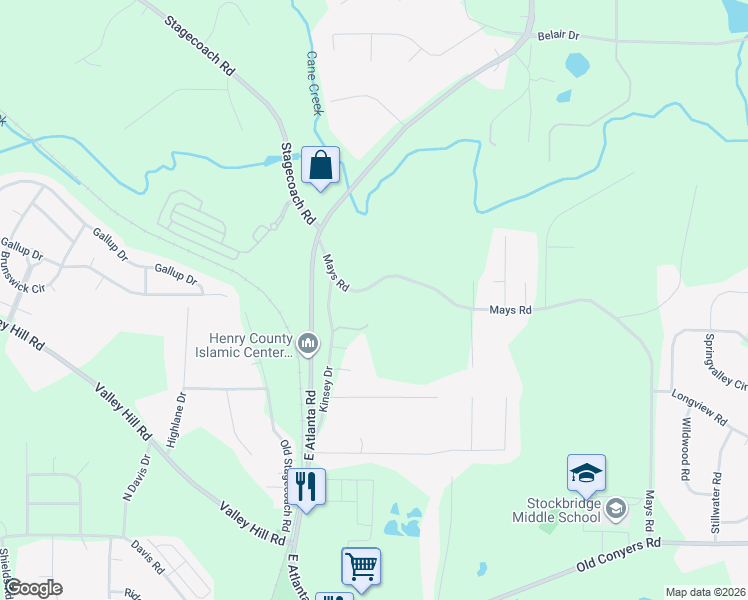 map of restaurants, bars, coffee shops, grocery stores, and more near 164 Kinsey Drive in Stockbridge