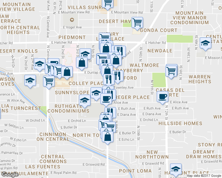 map of restaurants, bars, coffee shops, grocery stores, and more near 8849 North 7th Street in Phoenix