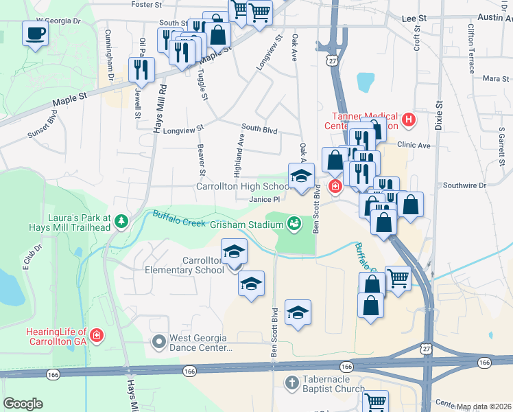 map of restaurants, bars, coffee shops, grocery stores, and more near 105 Janice Place in Carrollton
