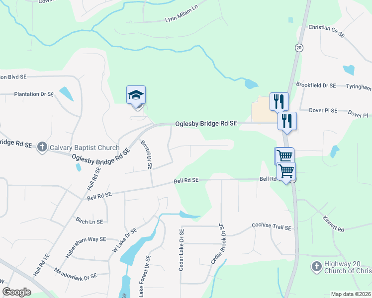 map of restaurants, bars, coffee shops, grocery stores, and more near 606 Hamlet Court Southeast in Conyers