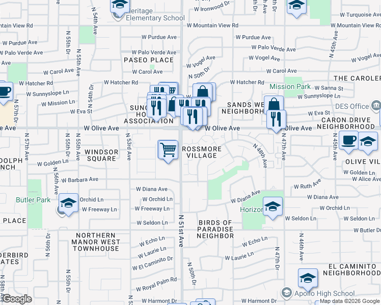 map of restaurants, bars, coffee shops, grocery stores, and more near 8832 North New World Drive in Glendale