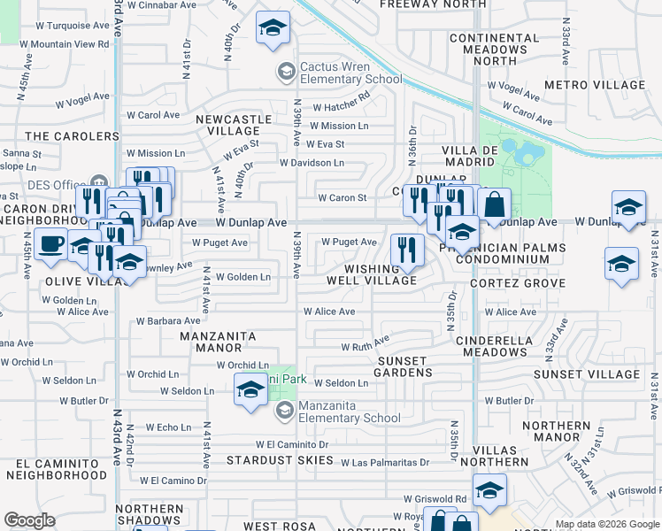 map of restaurants, bars, coffee shops, grocery stores, and more near 3814 West Golden Lane in Phoenix