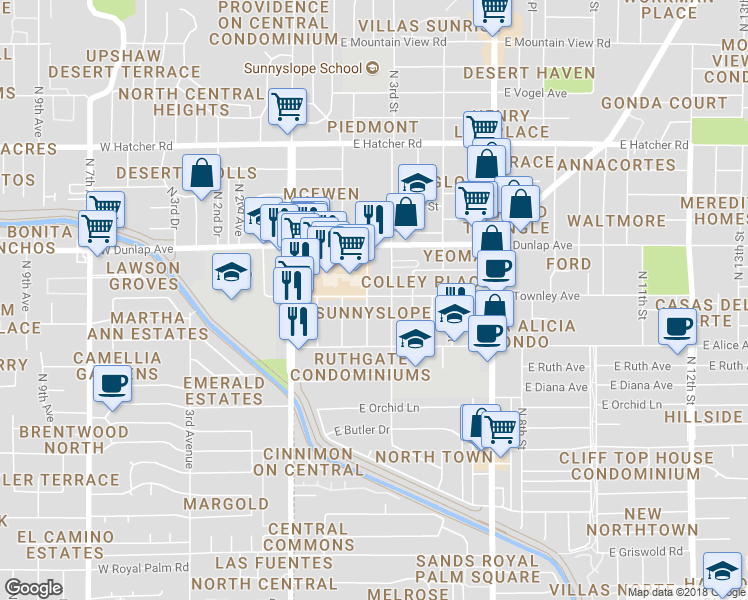 map of restaurants, bars, coffee shops, grocery stores, and more near 8845 North 2nd Way in Phoenix