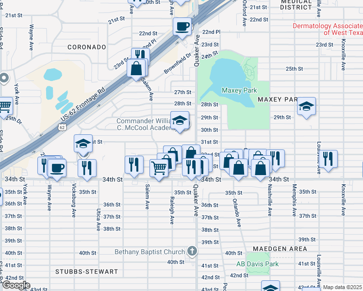 map of restaurants, bars, coffee shops, grocery stores, and more near 4411 31st Street in Lubbock