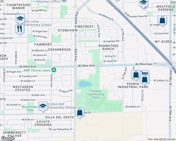 map of restaurants, bars, coffee shops, grocery stores, and more near 8201 West Olive Avenue in Peoria