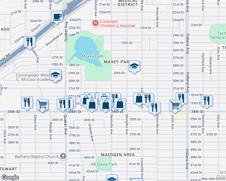 map of restaurants, bars, coffee shops, grocery stores, and more near 3819 31st Street in Lubbock