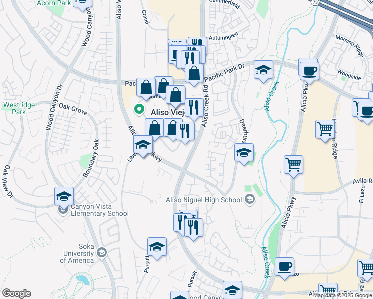 map of restaurants, bars, coffee shops, grocery stores, and more near 27374 Aliso Creek Road in Aliso Viejo