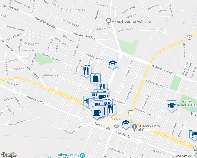 map of restaurants, bars, coffee shops, grocery stores, and more near 255 Pendleton Street Northwest in Aiken