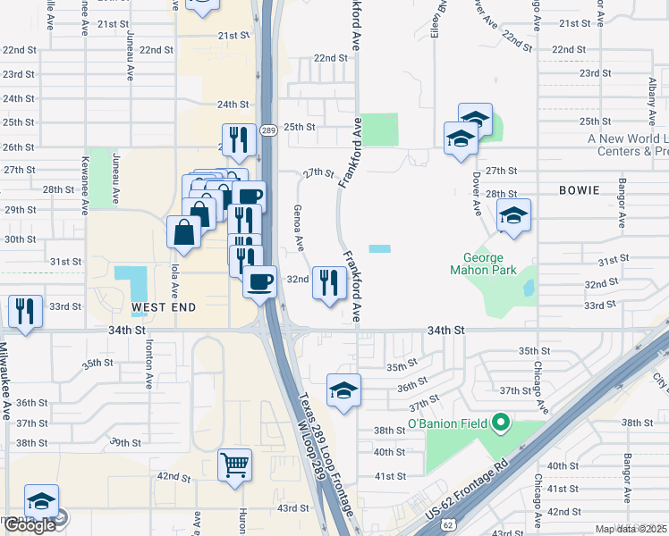 map of restaurants, bars, coffee shops, grocery stores, and more near 3110 Frankford Avenue in Lubbock