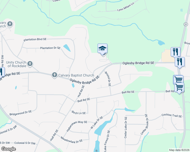 map of restaurants, bars, coffee shops, grocery stores, and more near 520 Oglesby Bridge Road Southeast in Conyers