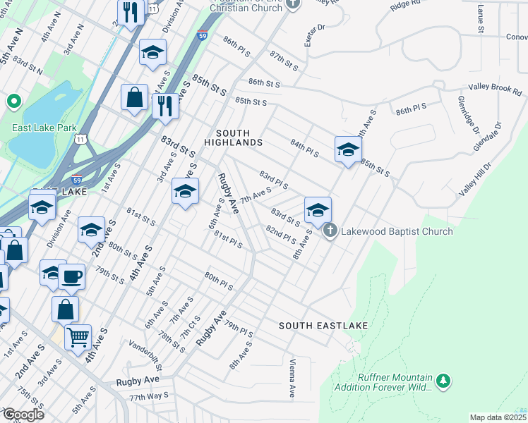map of restaurants, bars, coffee shops, grocery stores, and more near 738 83rd Street South in Birmingham