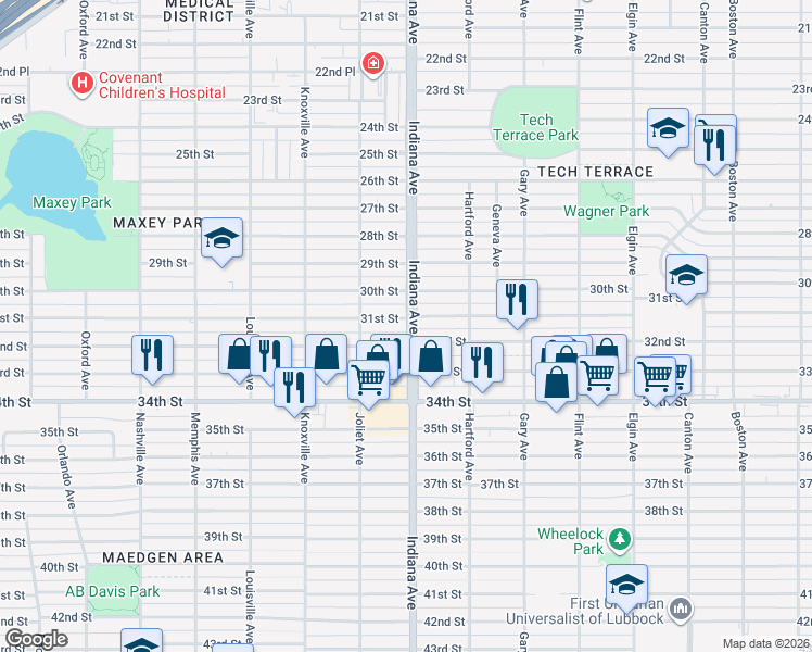 map of restaurants, bars, coffee shops, grocery stores, and more near 3320 32nd Street in Lubbock