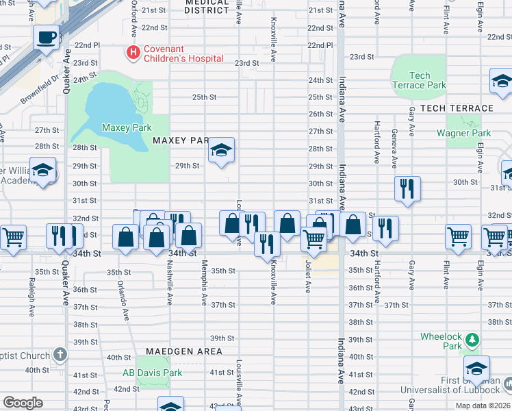 map of restaurants, bars, coffee shops, grocery stores, and more near 3616 32nd Street in Lubbock