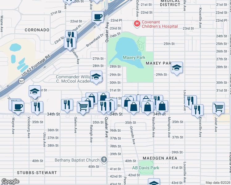 map of restaurants, bars, coffee shops, grocery stores, and more near 4310 32nd Street in Lubbock