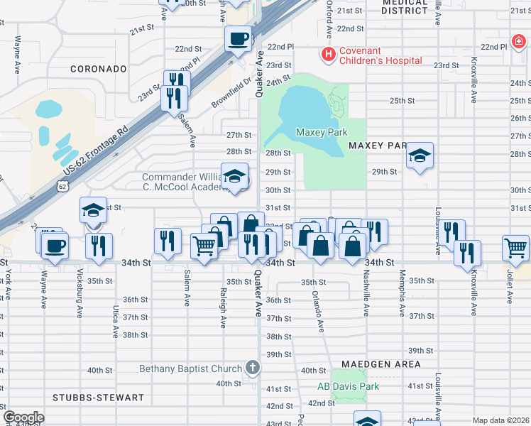 map of restaurants, bars, coffee shops, grocery stores, and more near 4310 32nd Street in Lubbock