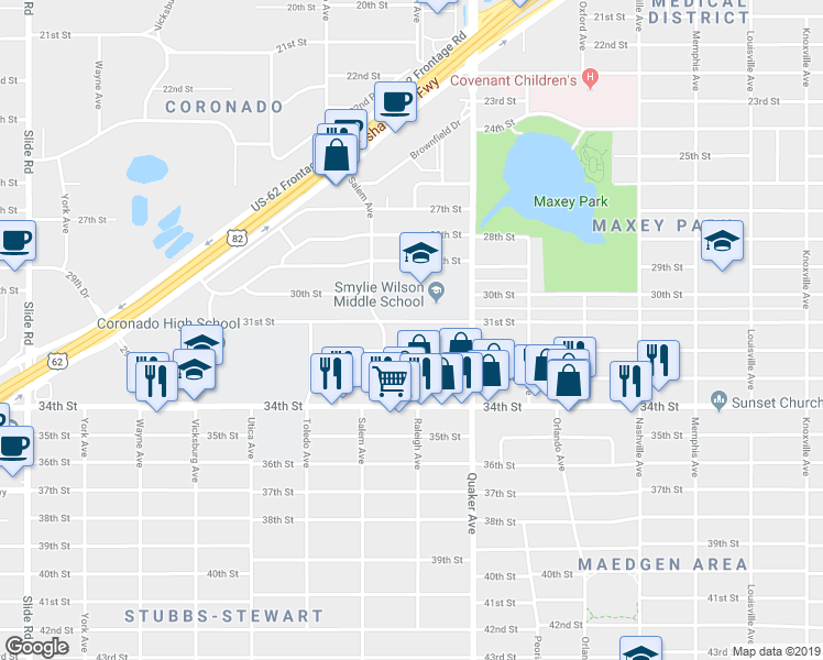 map of restaurants, bars, coffee shops, grocery stores, and more near 4418 32nd Street in Lubbock