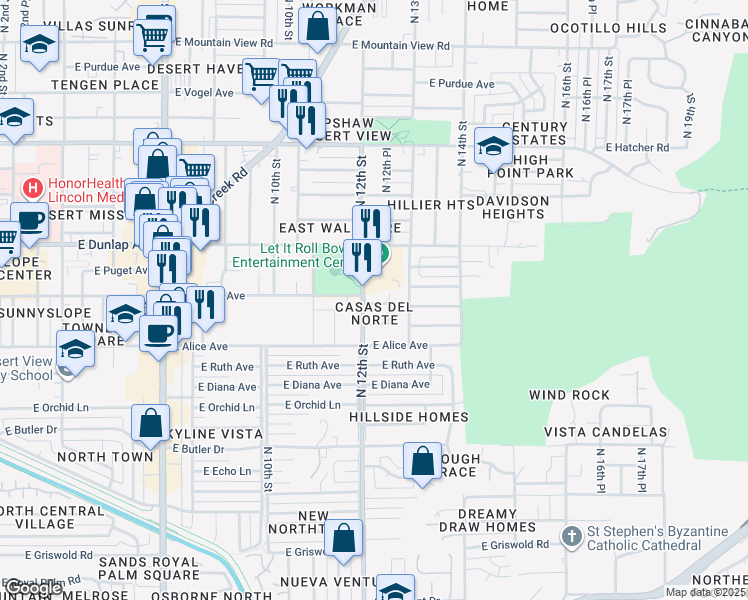 map of restaurants, bars, coffee shops, grocery stores, and more near 1217 East Townley Avenue in Phoenix