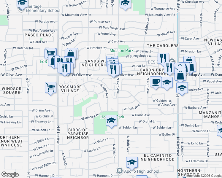 map of restaurants, bars, coffee shops, grocery stores, and more near 4725 West Townley Avenue in Glendale