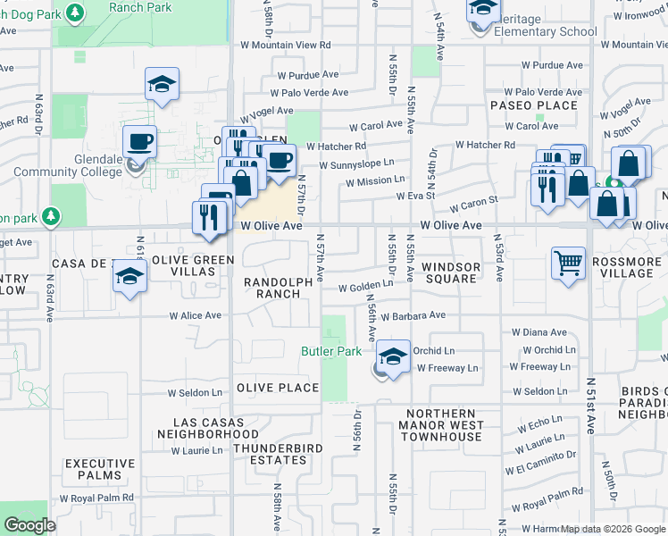 map of restaurants, bars, coffee shops, grocery stores, and more near 5667 West Townley Avenue in Glendale