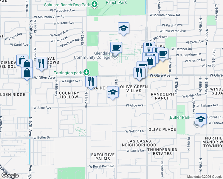 map of restaurants, bars, coffee shops, grocery stores, and more near 6118 West Townley Avenue in Glendale
