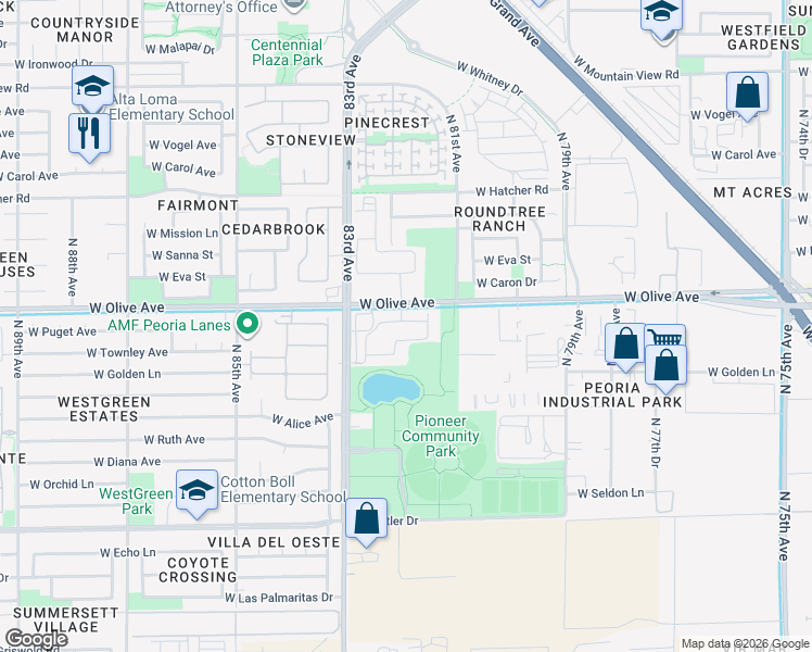map of restaurants, bars, coffee shops, grocery stores, and more near 8201 West Olive Avenue in Peoria