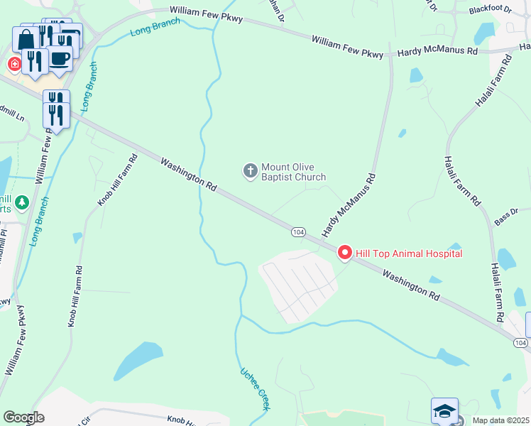 map of restaurants, bars, coffee shops, grocery stores, and more near Cobb Road in Evans