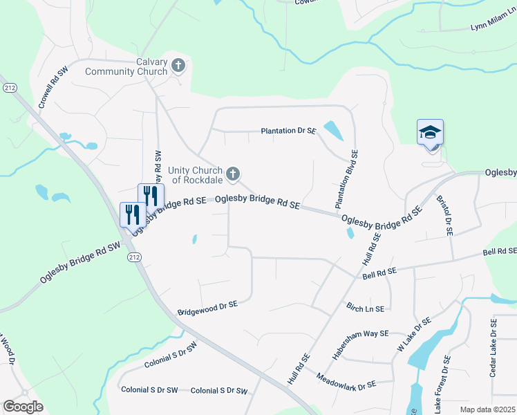 map of restaurants, bars, coffee shops, grocery stores, and more near 225 Oglesby Bridge Road Southeast in Conyers