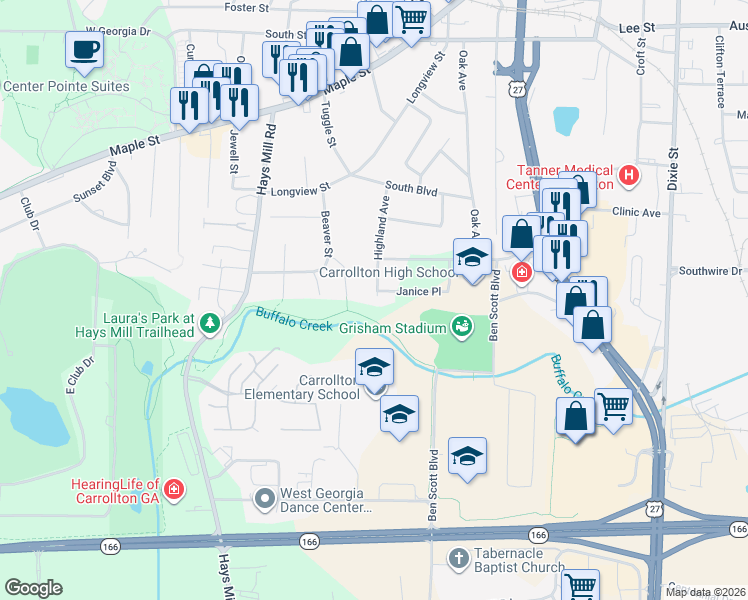 map of restaurants, bars, coffee shops, grocery stores, and more near 116 Amy Lane in Carrollton