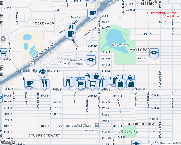 map of restaurants, bars, coffee shops, grocery stores, and more near 4413 31st Street in Lubbock