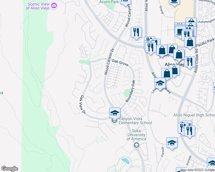 map of restaurants, bars, coffee shops, grocery stores, and more near 1 Greenborrow Court in Aliso Viejo