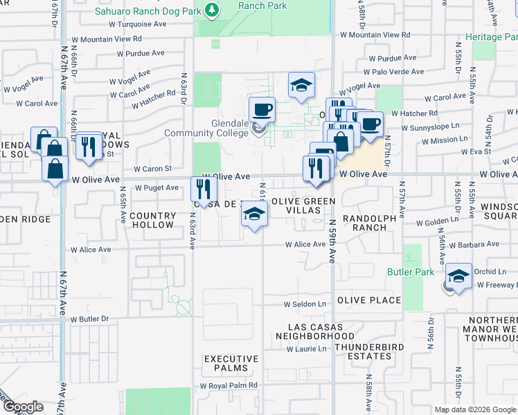 map of restaurants, bars, coffee shops, grocery stores, and more near 6104 West Townley Avenue in Glendale
