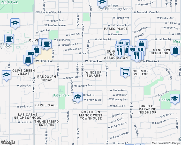 map of restaurants, bars, coffee shops, grocery stores, and more near 5416 West Golden Lane in Glendale