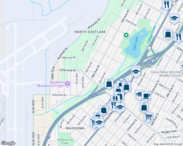 map of restaurants, bars, coffee shops, grocery stores, and more near 7632 5th Avenue North in Birmingham