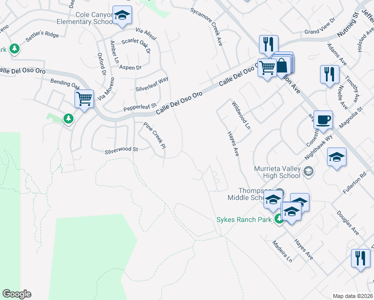 map of restaurants, bars, coffee shops, grocery stores, and more near 38260 Willow Court in Murrieta