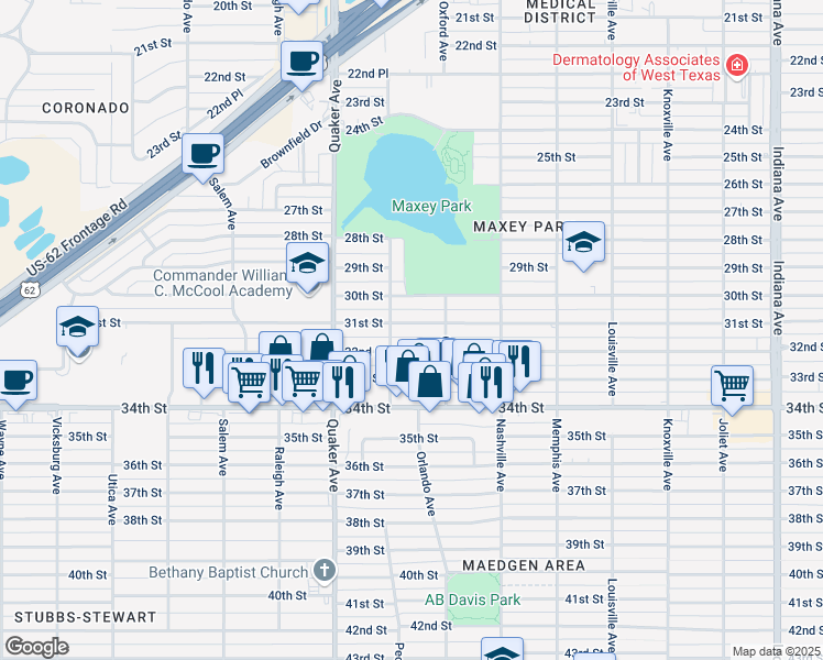 map of restaurants, bars, coffee shops, grocery stores, and more near 4113 31st Street in Lubbock