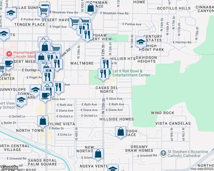map of restaurants, bars, coffee shops, grocery stores, and more near 1217 East Townley Avenue in Phoenix