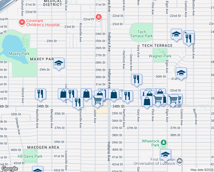 map of restaurants, bars, coffee shops, grocery stores, and more near 3320 32nd Street in Lubbock