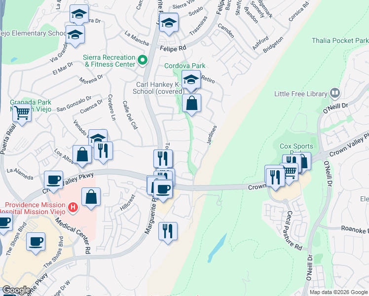 map of restaurants, bars, coffee shops, grocery stores, and more near 27181 Cedros in Mission Viejo