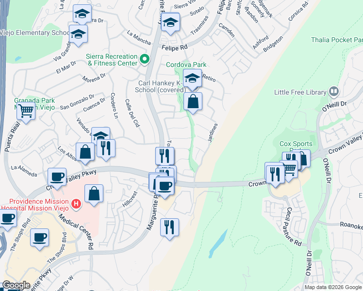 map of restaurants, bars, coffee shops, grocery stores, and more near 27161 Cedros in Mission Viejo