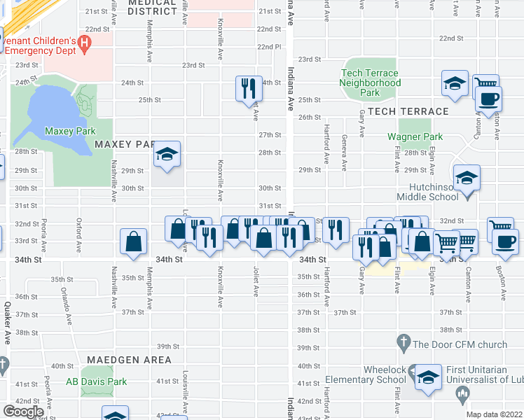 map of restaurants, bars, coffee shops, grocery stores, and more near 3417 31st Street in Lubbock