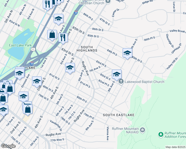 map of restaurants, bars, coffee shops, grocery stores, and more near 8248 Vassar Avenue in Birmingham