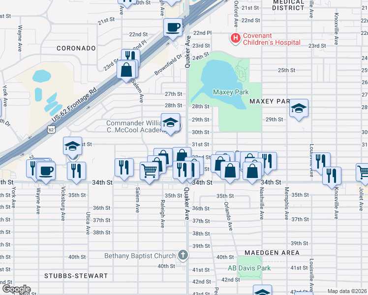 map of restaurants, bars, coffee shops, grocery stores, and more near 4404 32nd Street in Lubbock
