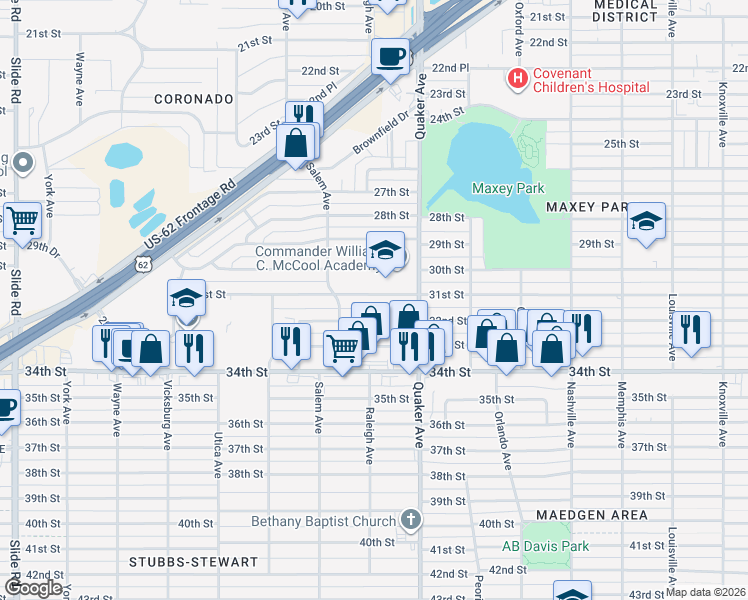 map of restaurants, bars, coffee shops, grocery stores, and more near 4417 31st Street in Lubbock
