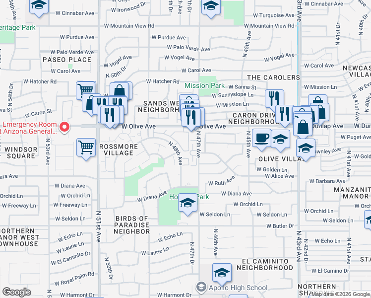 map of restaurants, bars, coffee shops, grocery stores, and more near 4725 West Townley Avenue in Glendale