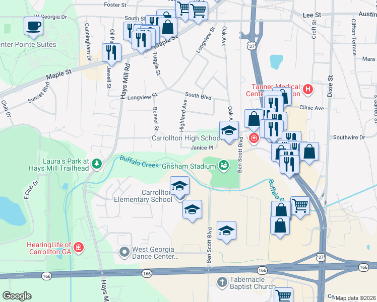 map of restaurants, bars, coffee shops, grocery stores, and more near 105 Janice Place in Carrollton