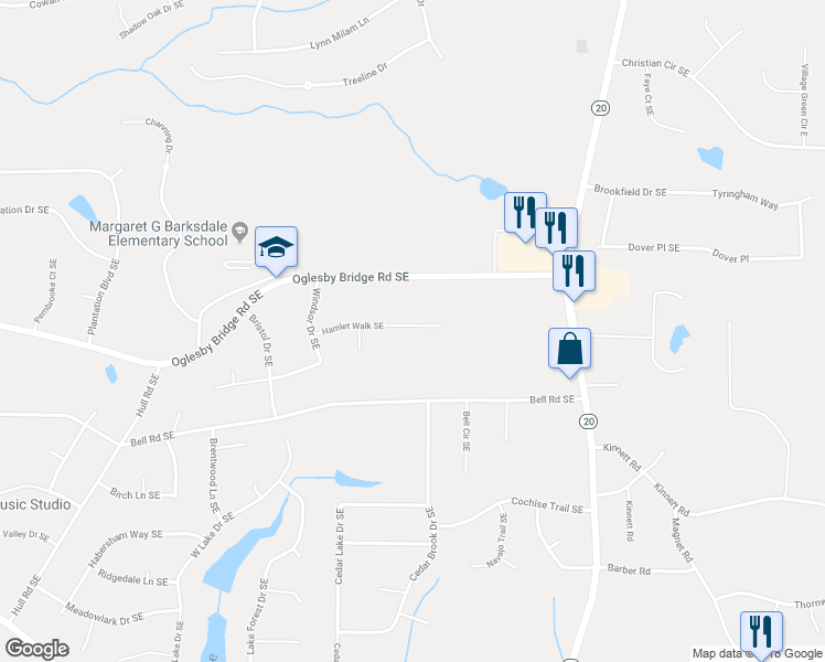 map of restaurants, bars, coffee shops, grocery stores, and more near 4627 Hamlet Walk Southeast in Conyers