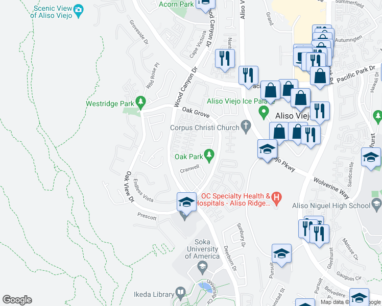 map of restaurants, bars, coffee shops, grocery stores, and more near 15 Gretchen Court in Aliso Viejo
